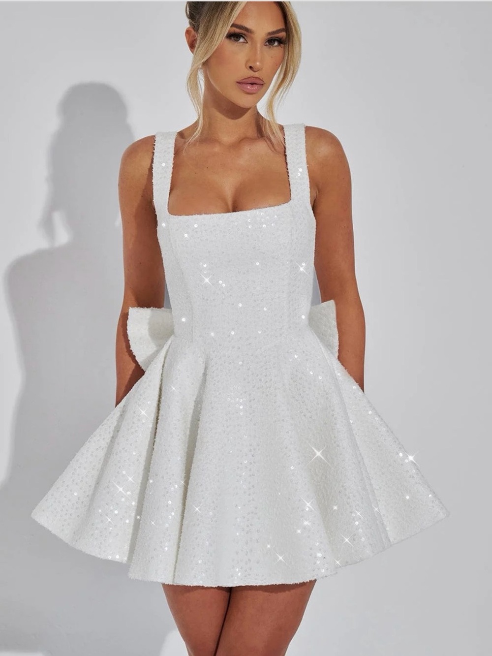 Sequin Square-Neck Mini Dress in White